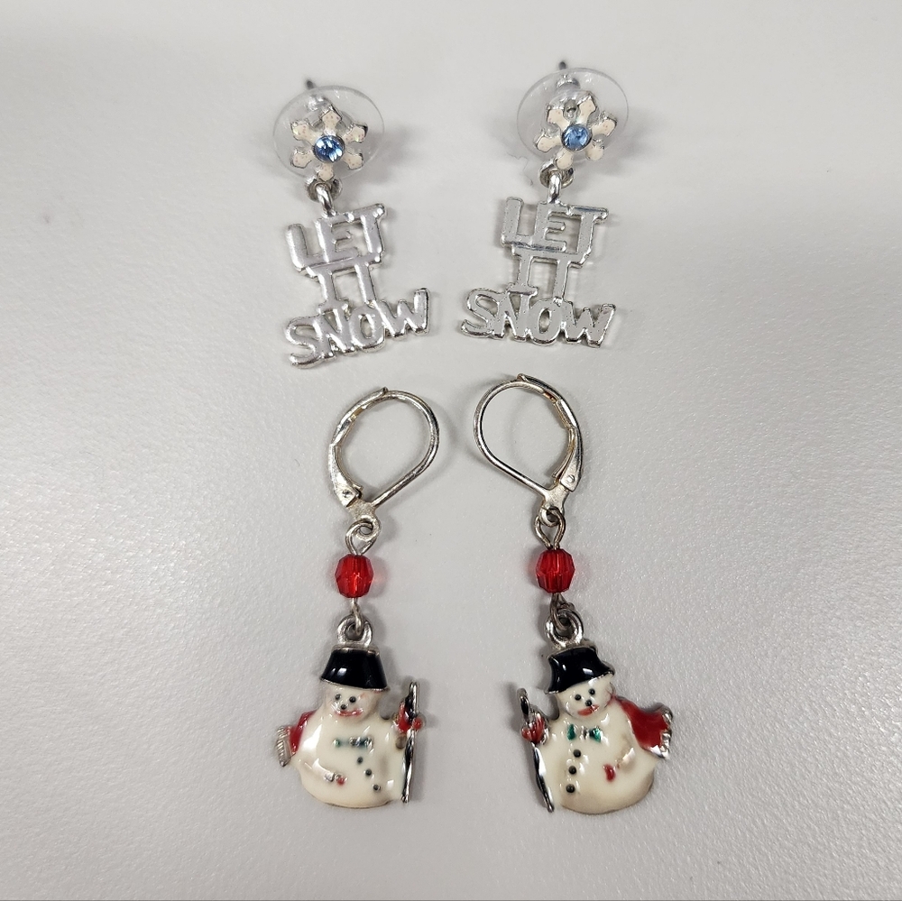 2 Pairs Of Earrings Holiday Festive Snowman & Let It Snow Snowflake Charm